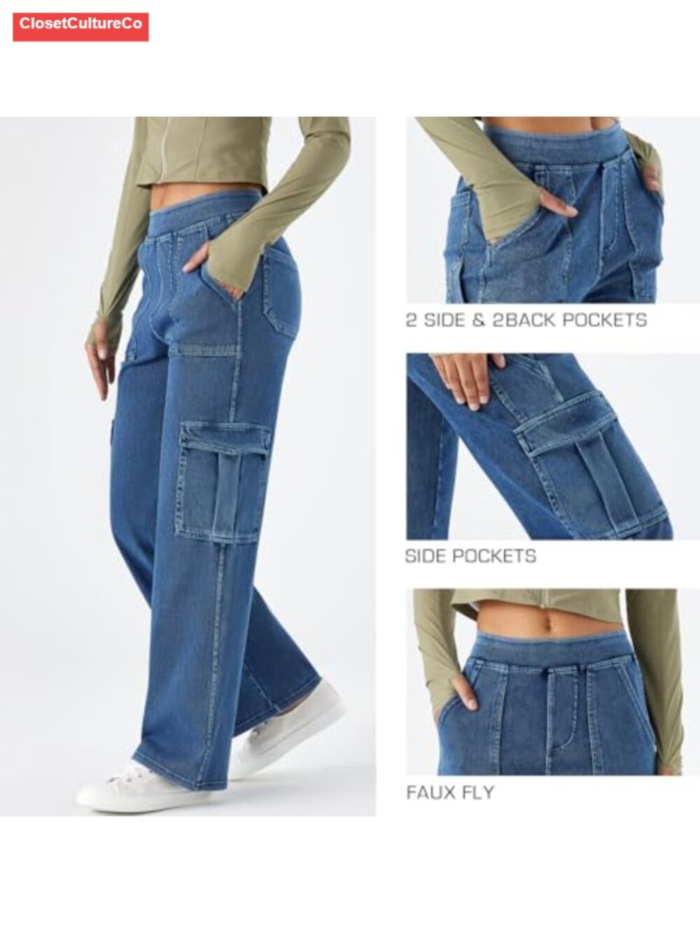 Pull On Cargo Jeans Elastic Waist Wide Leg Stretch Denim Pockets - Picture 3 of 6